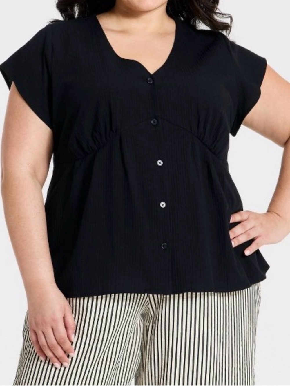 Plus Size Black Short-Sleeve Button-Front Top
